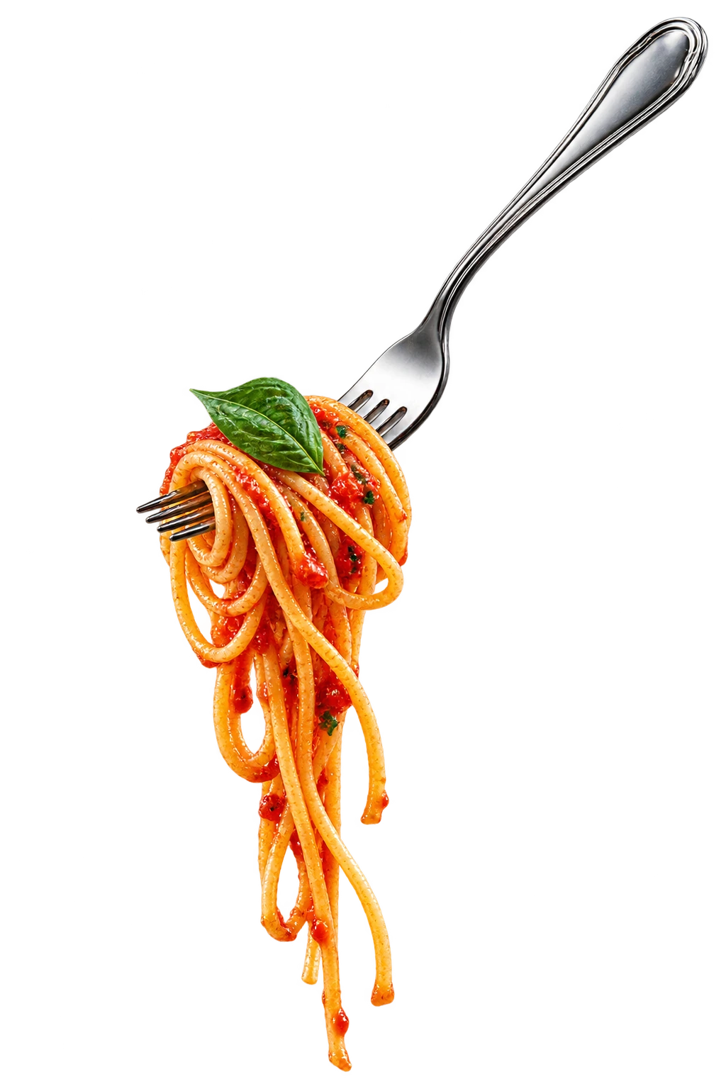 Tenedor suspendido con un remolino de pasta, salsa de tomate y albahaca