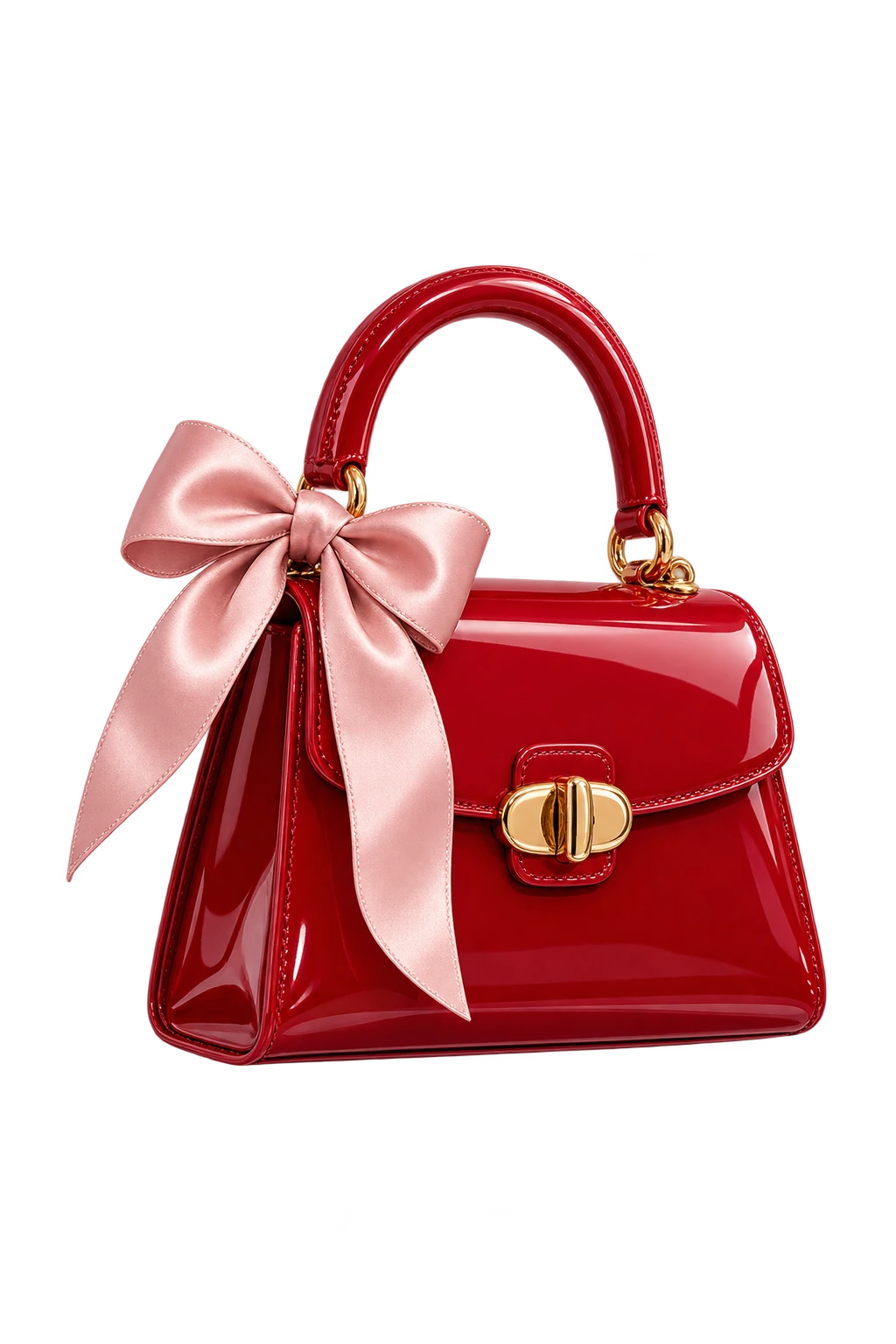 Bolso cereza con lazo rosa, recortado sobre la composición