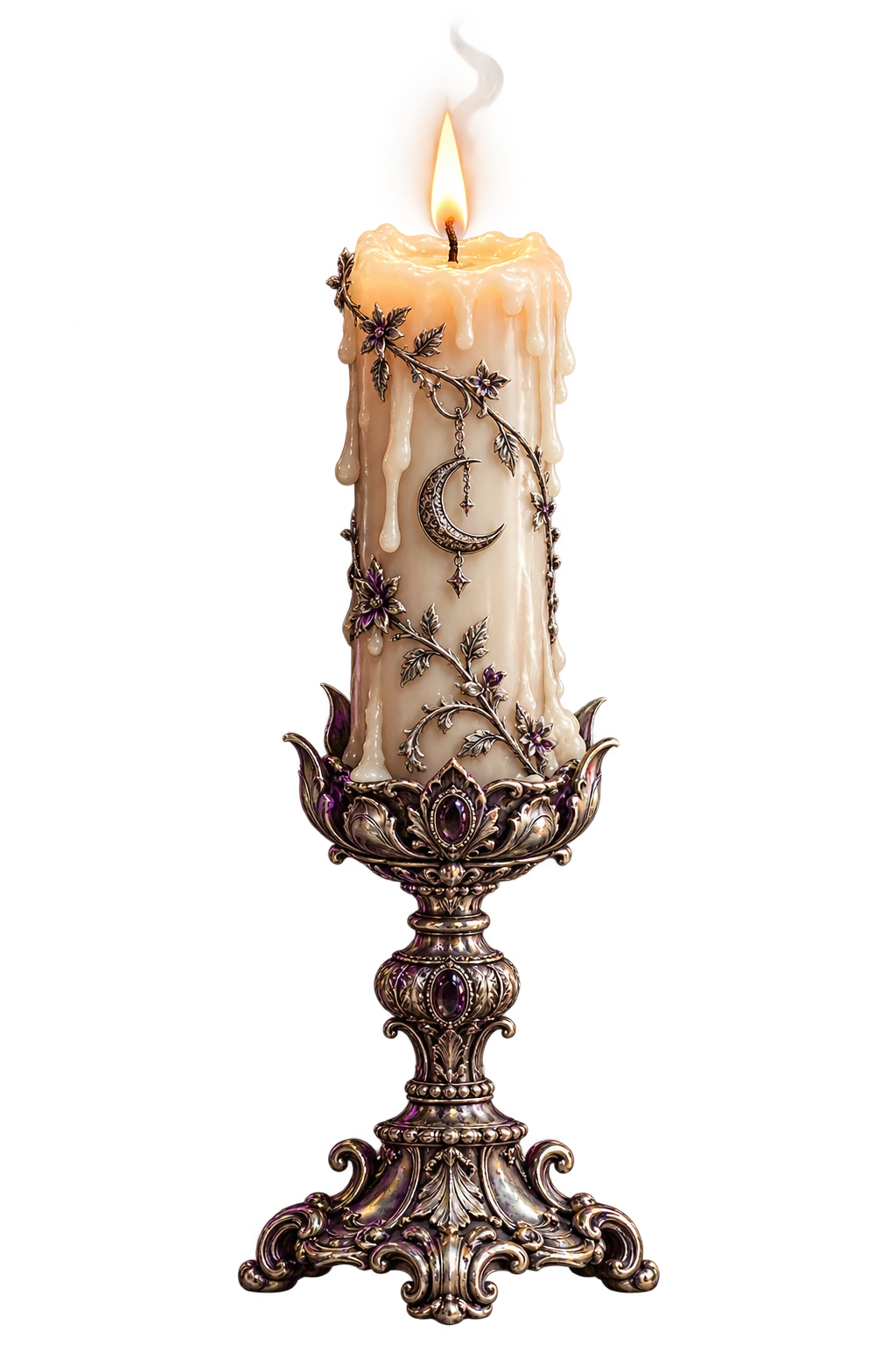 Vela marfil encendida en un candelabro de plata con detalle de luna