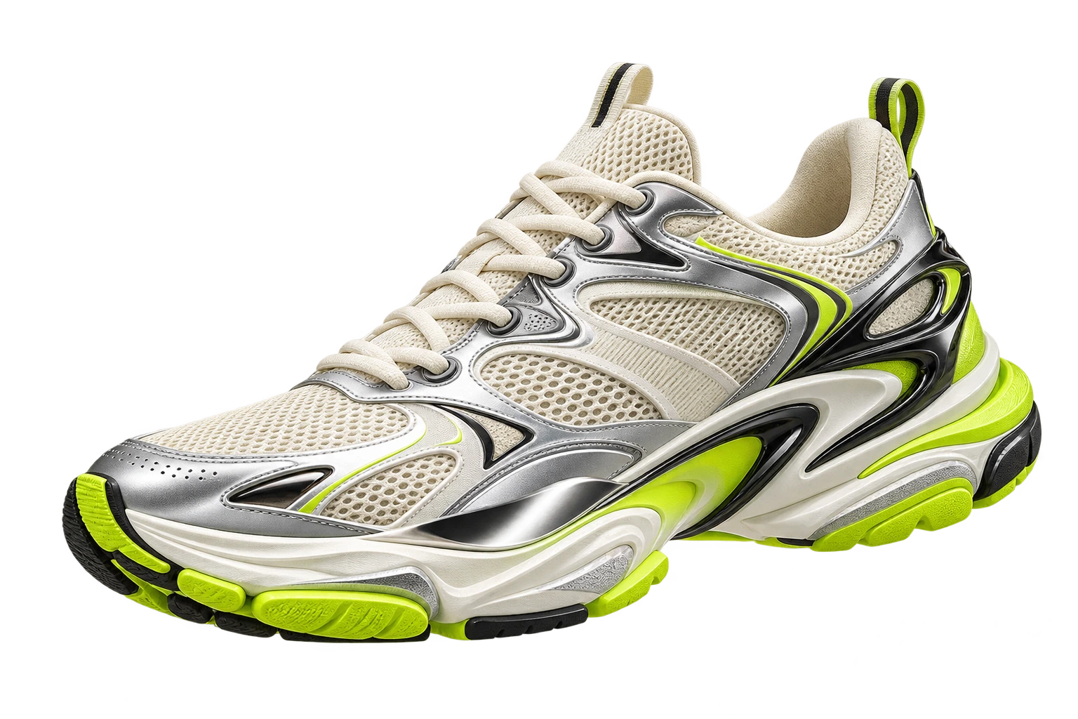 Zapatilla conceptual crema, plata y verde eléctrico, suspendida en el aire